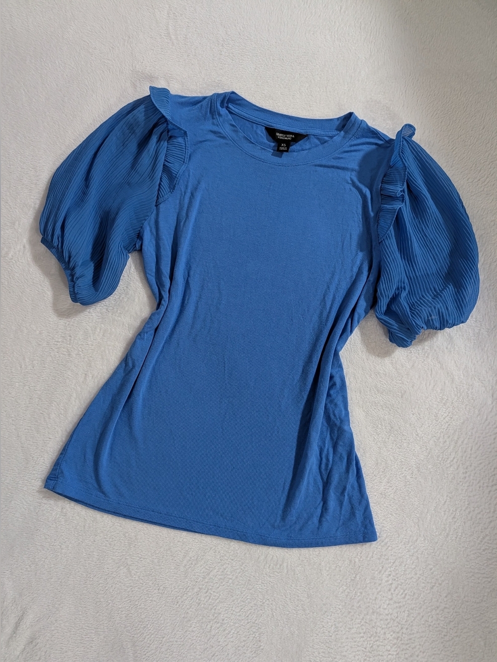 Simply Vera Blue Blouse, Size X Small, Pleated Puff-Sleeve